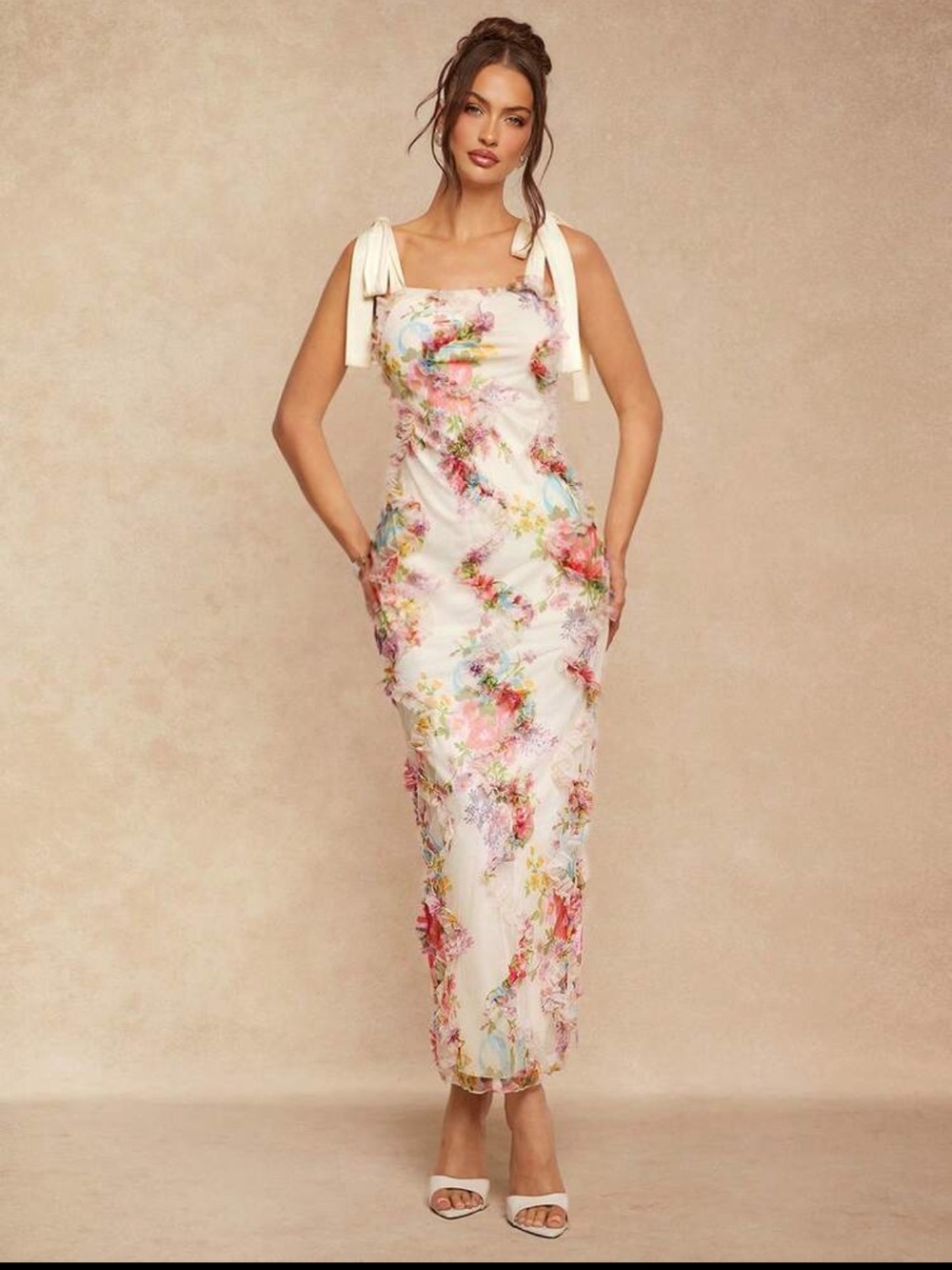 SHEIN White Floral Tie-Shoulder Midi Dress